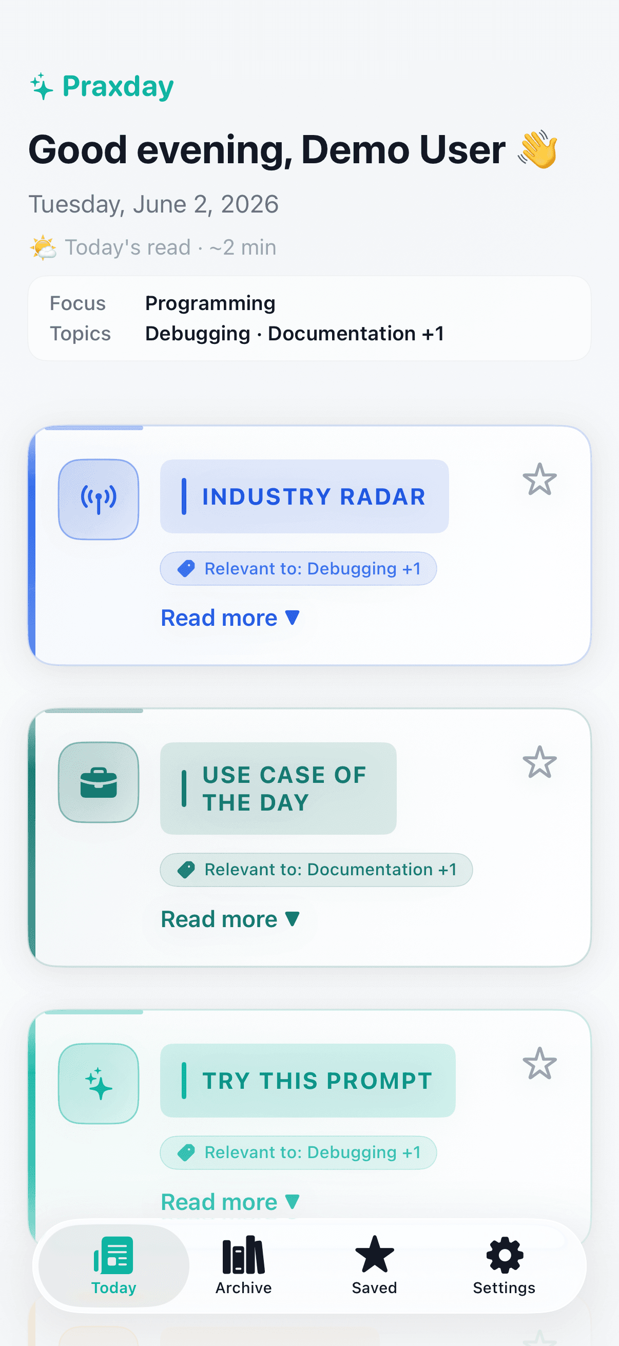 Praxday Today overview showing a personalized daily digest with section cards