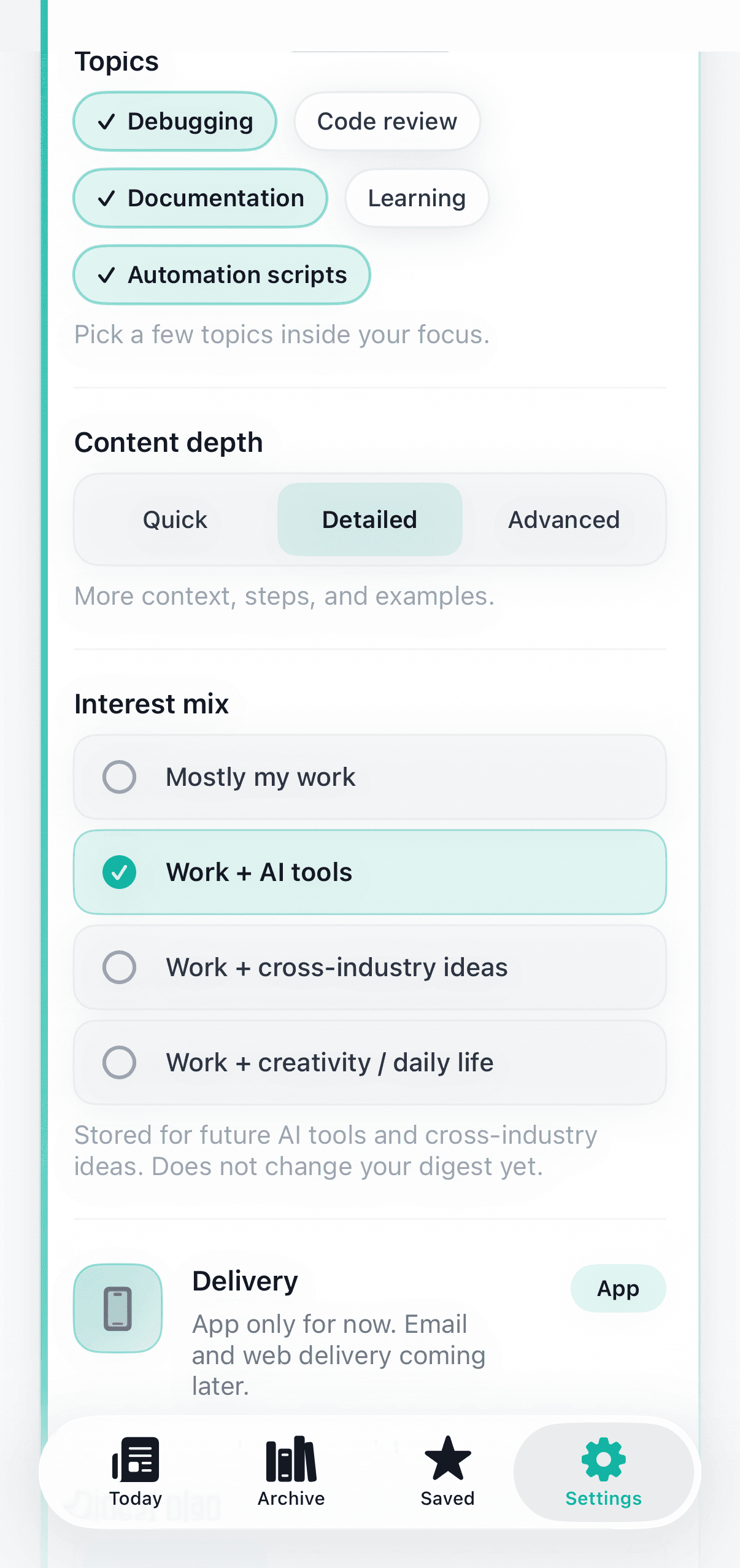 Praxday Settings showing topics, content depth, and interest mix controls