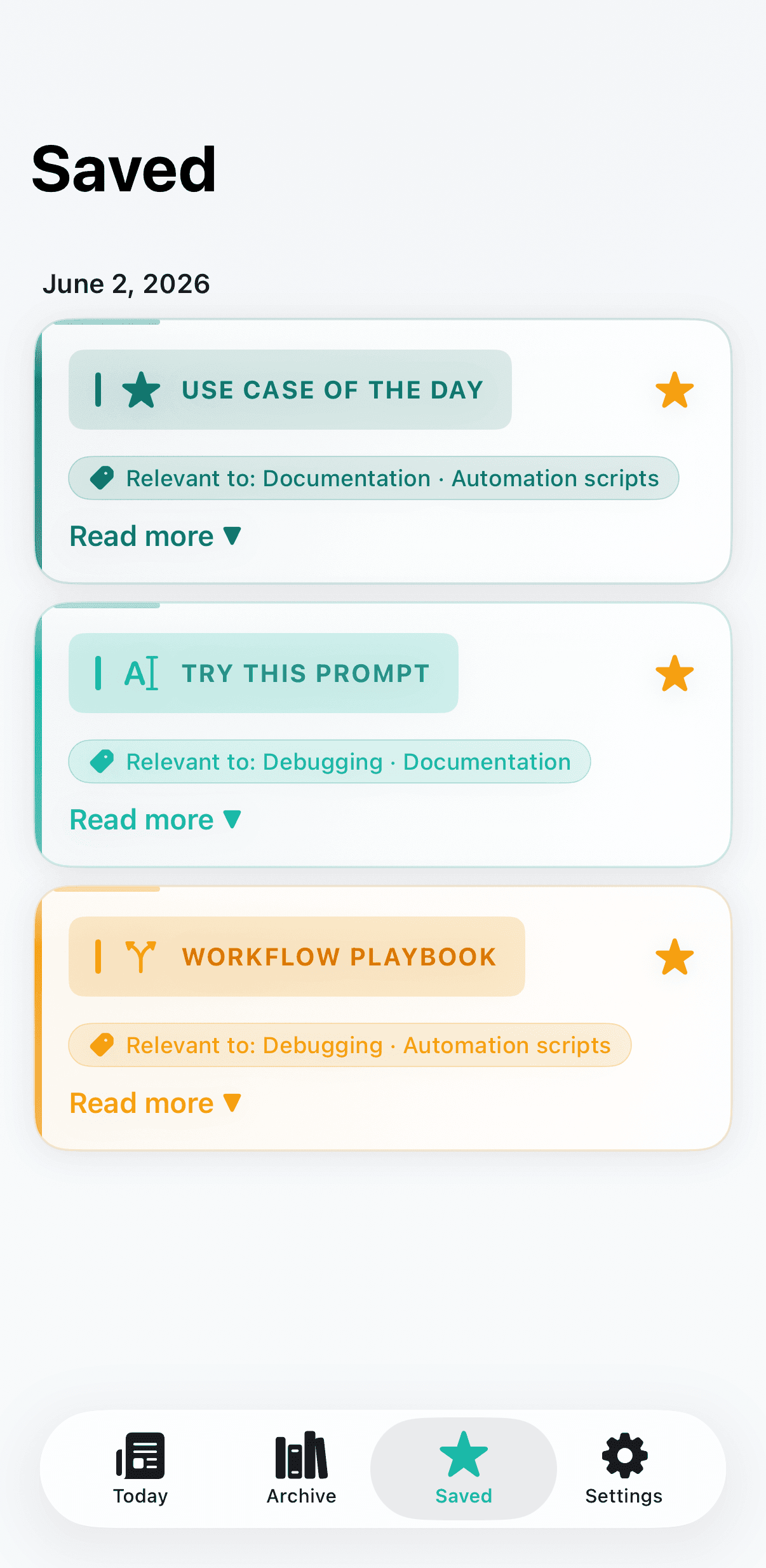 Saved screen showing bookmarked digest cards under a date heading
